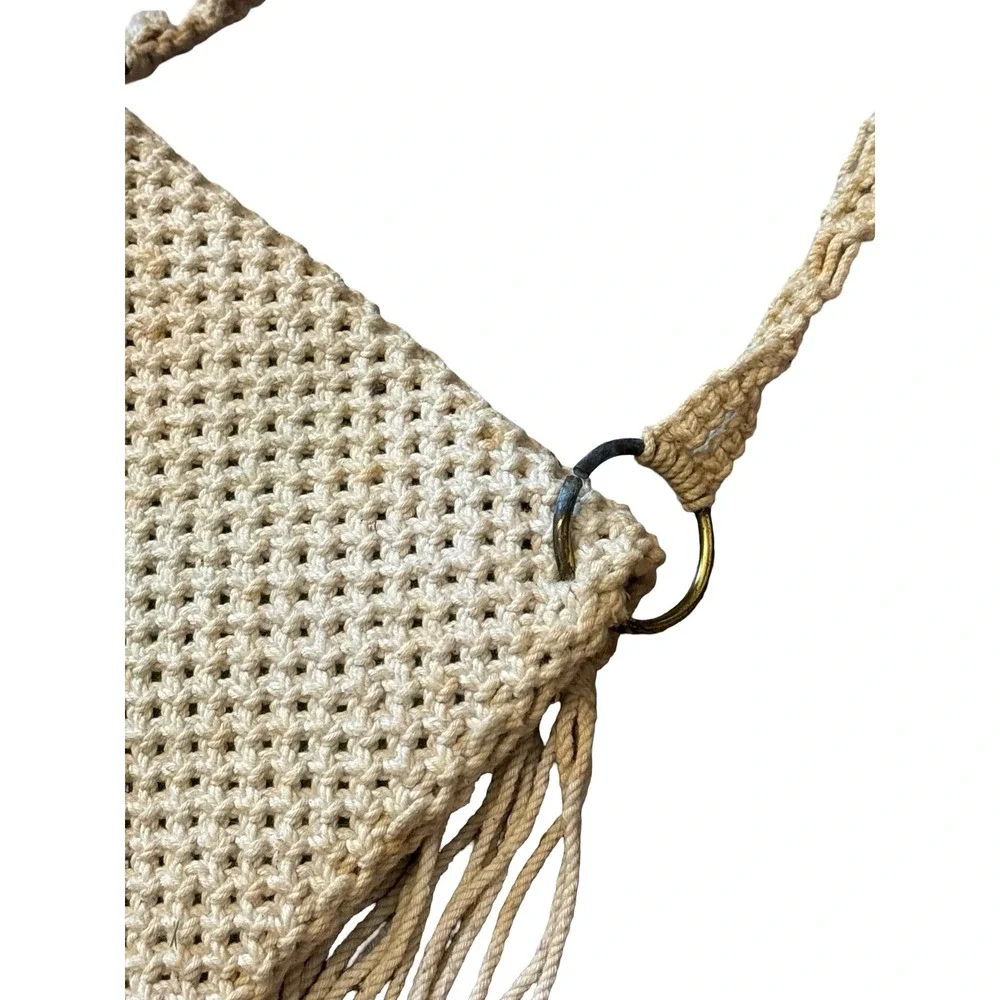 Vintage Macrame Fringe Crossbody Bag Cream Boho Woven Festival Purse Small