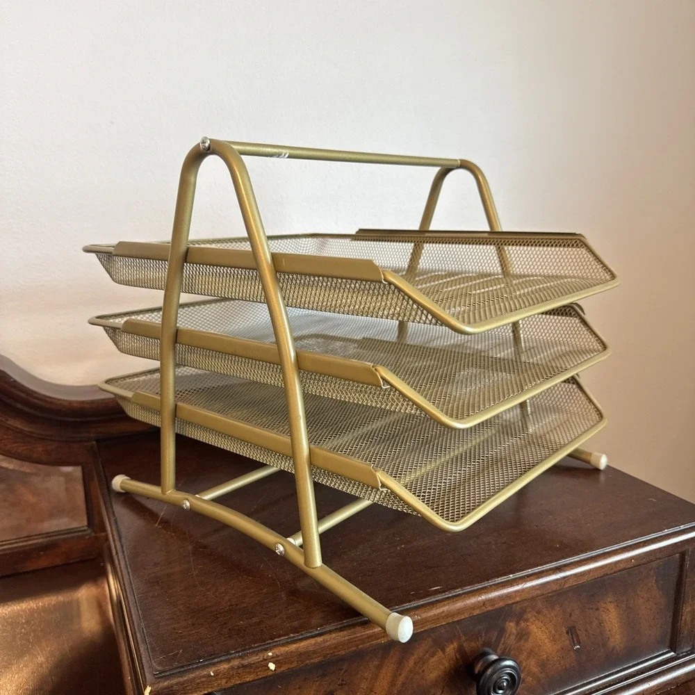 3 Tier Pull Out Document File Organizer Rack Desk Letter Tray Mesh Metal Gold
