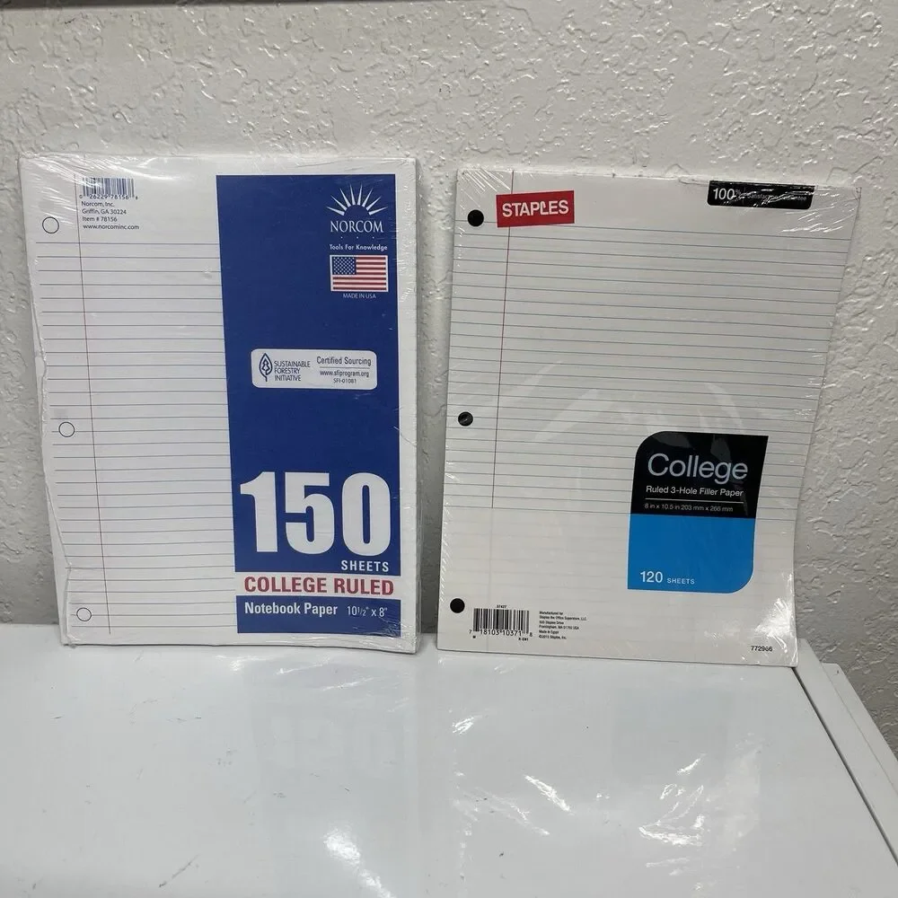 Lot of 7 College Ruled Filler Paper & 1 Wide Ruled Notebook Paper, New