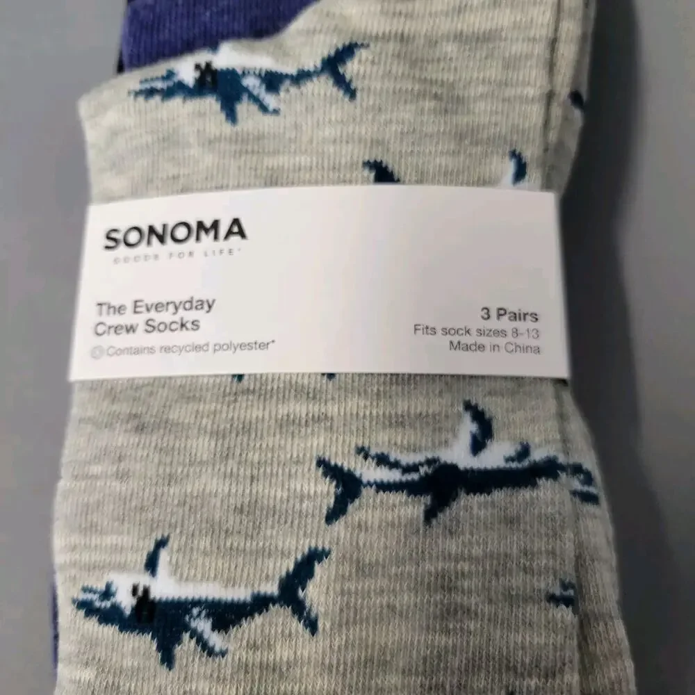 Sonoma The Everyday Crew Socks Mens‎ Size 8-13 Shark Surfboard Print 3 Pair New
