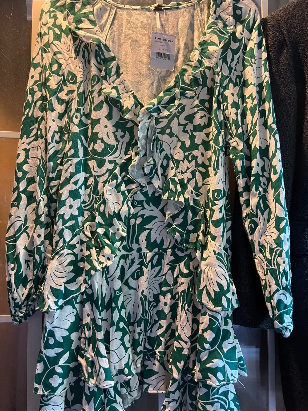 Free People XS Emerald Green & White Floral Ruffle Mini Dress NWT
