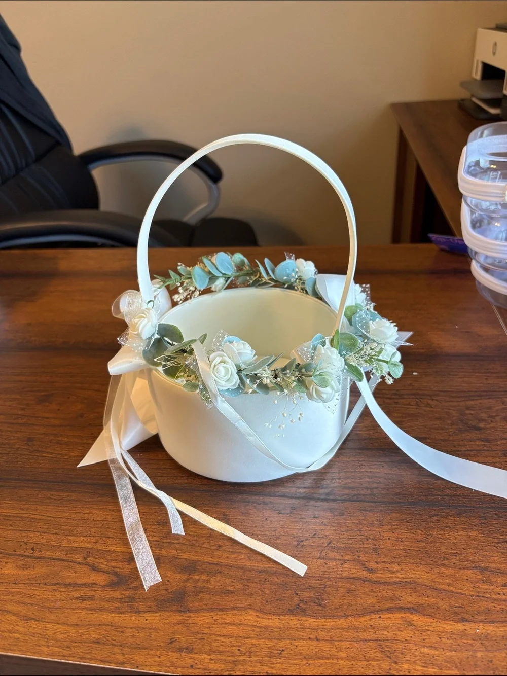 Ivory Flower Girl Basket with White Ribbon and Greenery